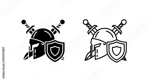 Ancient warrior helmet with crossed swords and shield icon for battle defense