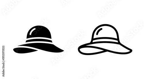 Summer hat icon set: black silhouette and outline vector graphic for beach or travel design