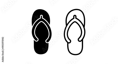Beach flip flop icon set: contemporary vector graphic with solid and outline styles