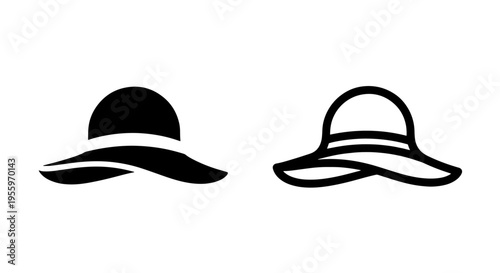 Wide brim hat icons: stylish vector silhouette and outline set for travel and fashion