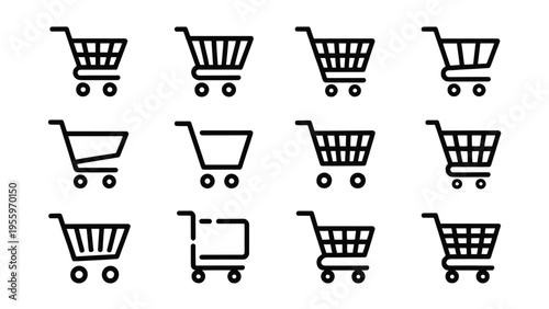 A clean set of shopping cart icons in vector style representing online shopping retail commerce and add to cart symbols for web and business use