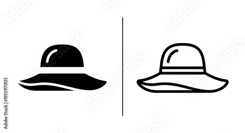 Summer hat icon duo: black solid and line art vector for web and graphic design