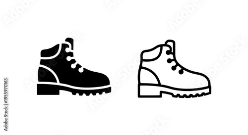 Hiking boot outdoor trekking footwear icon set in solid and outline styles
