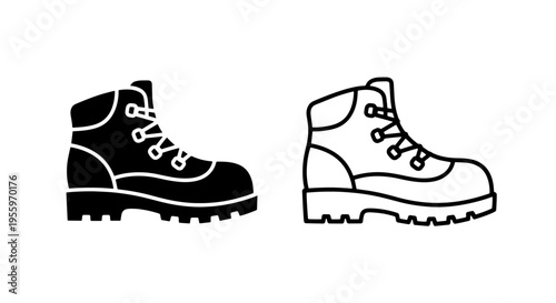 Outdoor hiking boot trekking footwear icon set in solid and outline styles
