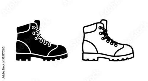 Trekking boot outdoor hiking footwear icon set in solid and outline styles
