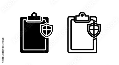 Clipboard with shield icon set: document security and data protection symbol design