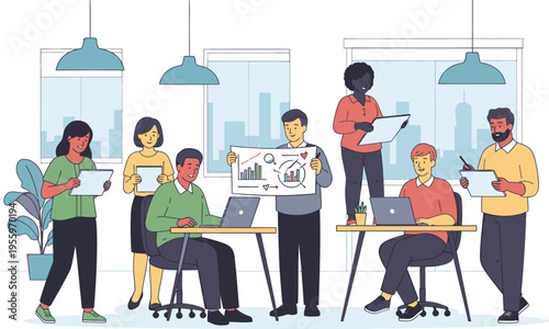 Diverse group of coworkers collaborating in modern office space with laptops and paperwork