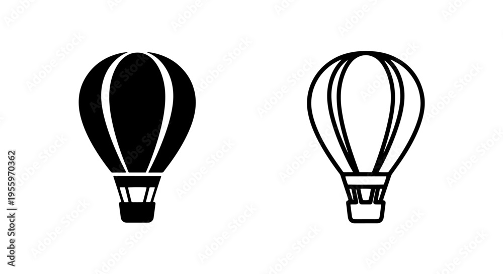 Fototapeta premium Hot air balloon icons for travel adventure aerial recreation and tourism silhouette and outline