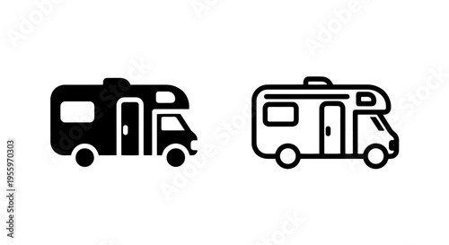 Motorhome icons: recreational vehicle for camping, travel, and holiday road trips