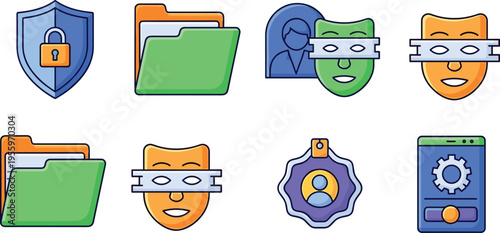 Data Security and Privacy Icon Set with Shield Protection, Secure Folder, Anonymous User Masks, Authentication Badge and Mobile Settings Vector Illustration