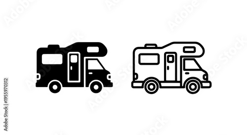 Recreational vehicle icons: modern camper van for leisure travel and open road trips