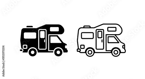 Holiday camper icons: adventure motorhome for long road trips and scenic journeys
