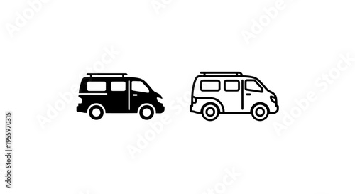 Simple iconographic minivan with roof rack, black and outline vector graphic