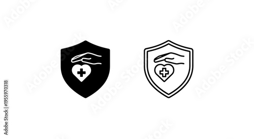 Hand holding heart with plus sign in shield icon - healthcare and protection graphic