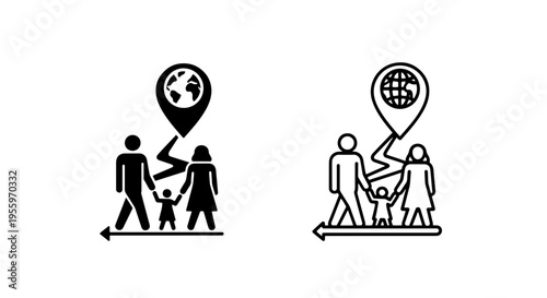 Family migration global travel icon - displacement, journey, and location tracking graphic