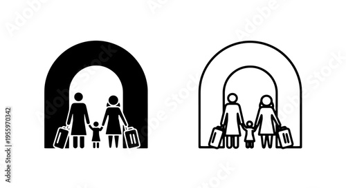 Family travel icons with luggage and archway gateway for airport transit or tourism holiday concepts