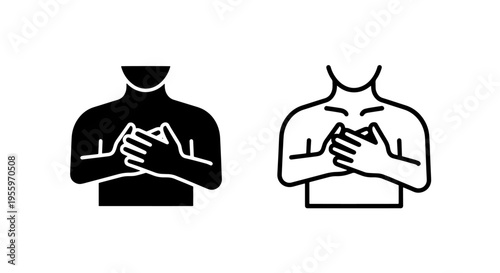 Chest pain and heart attack symptom icon set featuring silhouette and outline graphics