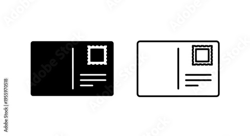 Postcard travel mail and postage stamp icon set for communication and correspondence graphics