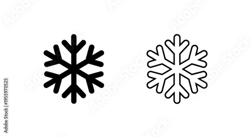 Snowflake icons set in black solid and outline vector style for winter weather design