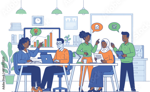 Diverse team collaborating on business project in modern office setting