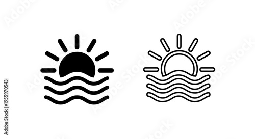 Sunrise over sea waves icons in solid and outline style for weather and vacation graphics