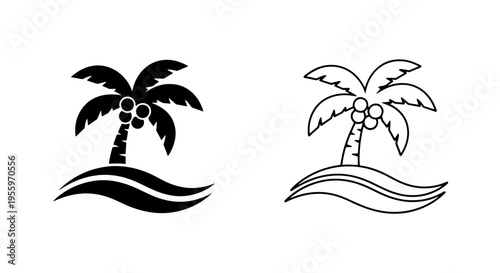 Tropical palm tree on small island icon set in solid and outline styles for summer travel design