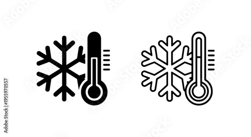 Cold weather thermometer and snowflake icon set representing winter temperature and freezing climate