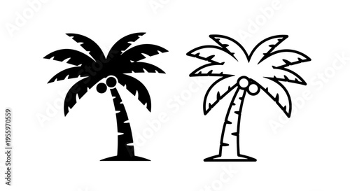 Tropical palm tree with coconuts icon set in silhouette and outline styles for summer vacation travel
