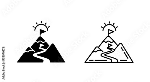 Mountain peak with flag and path icon set representing goal achievement success and leadership