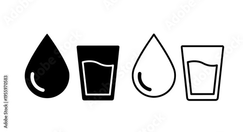 Water drop and glass of water icon set representing hydration health and clean liquid resources