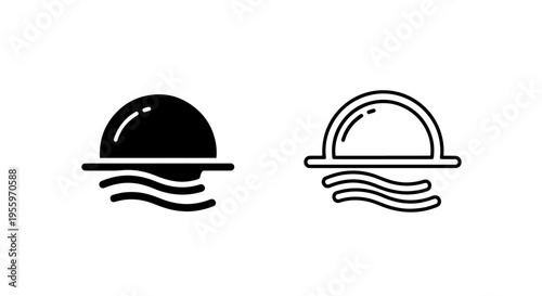 Abstract sun and sea waves icon set in solid and outline styles for travel and marine design elements