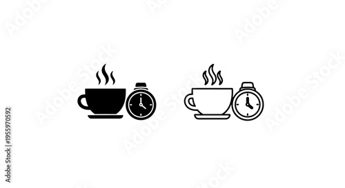Coffee break icons with cup and alarm clock, morning routine concept vector illustration