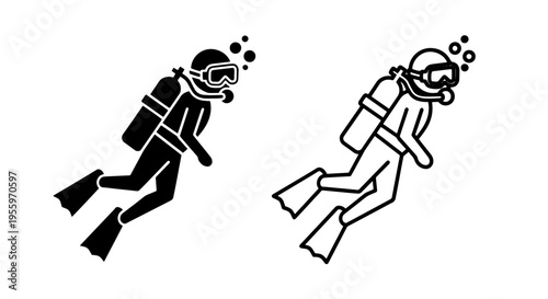 Scuba diver swimming underwater icons set, deep sea diving exploration vector illustration