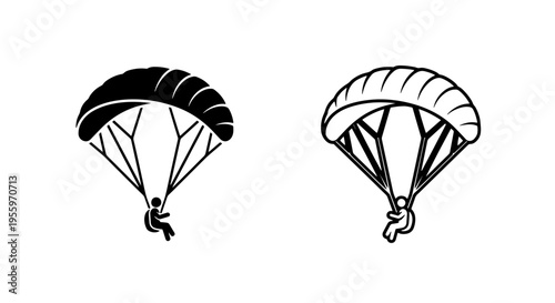 Paragliding icon set featuring silhouette and outline of paraglider for extreme sports design
