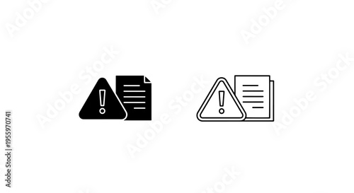 Warning icon next to document stack in silhouette and outline for error alert design