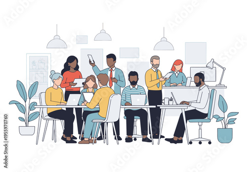 Diverse group of people working together at office desks with computers and plants