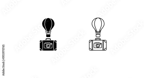 Hot air balloon lifting travel suitcase icon set for vacation and tourism concepts