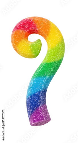A vibrant rainbow colored gummy candy shaped like a curved question mark with a sugary coating