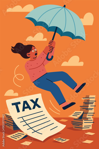 Person overwhelmed by taxes using umbrella in financial stress concept