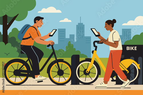 People renting bikes using smartphones in a modern city