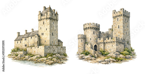 A beautiful collection of watercolor Irish castles, featuring medieval stone fortress buildings and towered historic architecture isolated on a transparent background.