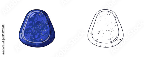 Polished lapis lazuli gemstone vector illustrations shown in colored cartoon and black outline linear styles, deep royal blue hues with gold pyrite flecks, representing smooth tumbled stone on white b