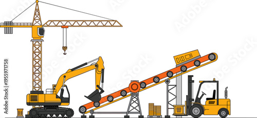 Construction conveyor system illustration with crane, excavator and forklift loading materials, industrial machinery workflow and transport process isolated on white background vector design