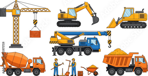 Construction equipment and workers illustration with crane, excavators, trucks, concrete mixer and engineers tools heavy machinery set isolated on white background industrial concept