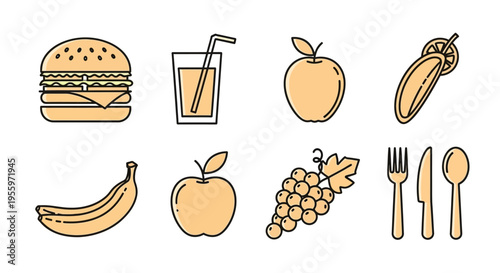 Food icons with various edible items.