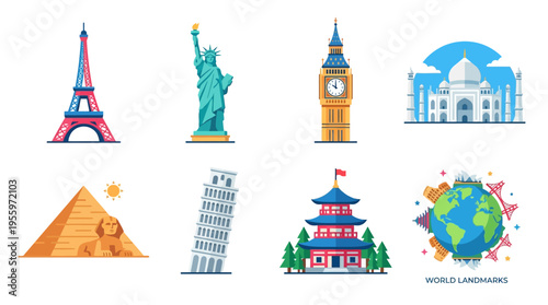 Vector illustrations of famous landmarks around the world including Eiffel Tower, Statue of Liberty, and Big Ben with globe.