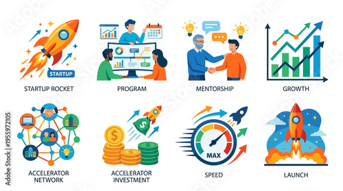 Vector graphic illustration of a startup program with mentorship and growth through acceleration network and speed launch.