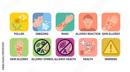 Vector illustration of a person experiencing skin allergy symptoms with warning signs and icons.