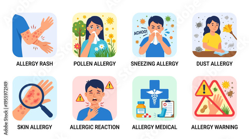 Vector illustrations of people experiencing various allergy symptoms and reactions in a medical context with warning signs.