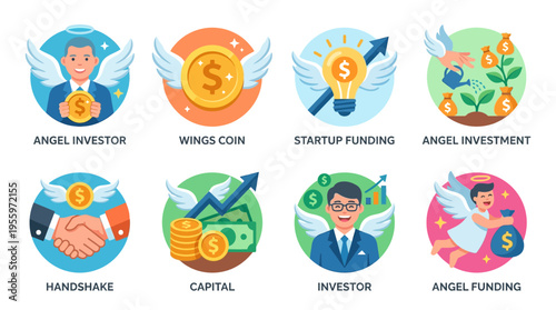 Vector illustrations of angel investors providing startup funding and capital through handshake and coins with wings in a business setting.